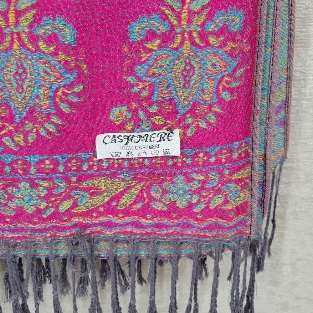 100% Cashmere Kani Shawl Scarf Vivid Pink Teal Blue with Fringe - Picture 8 of 12